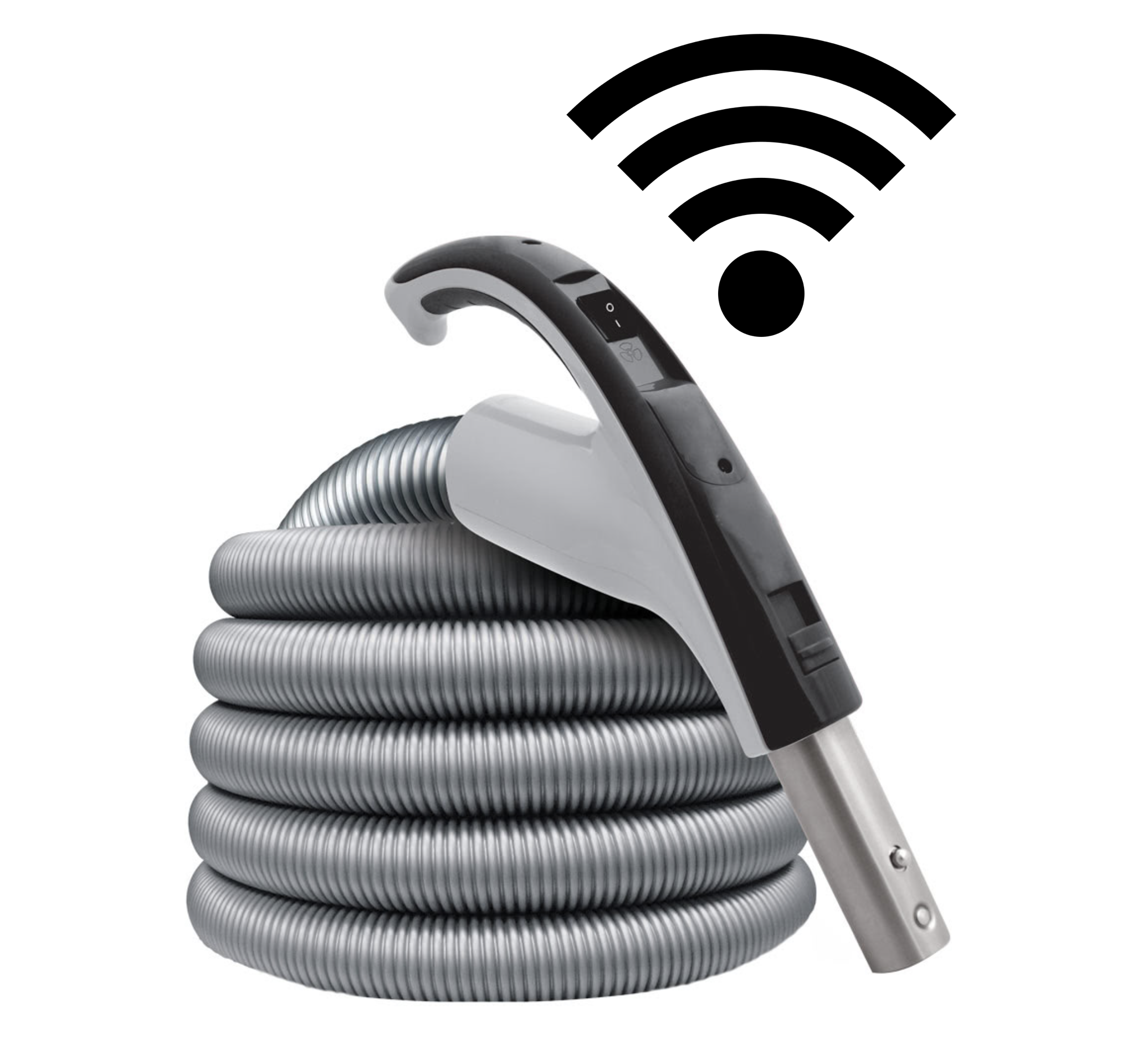 Draadloze aan-uit slang voor centrale stofzuiger met regelbare zuigkracht en ergonomisch handvat voor gebruiksgemak.